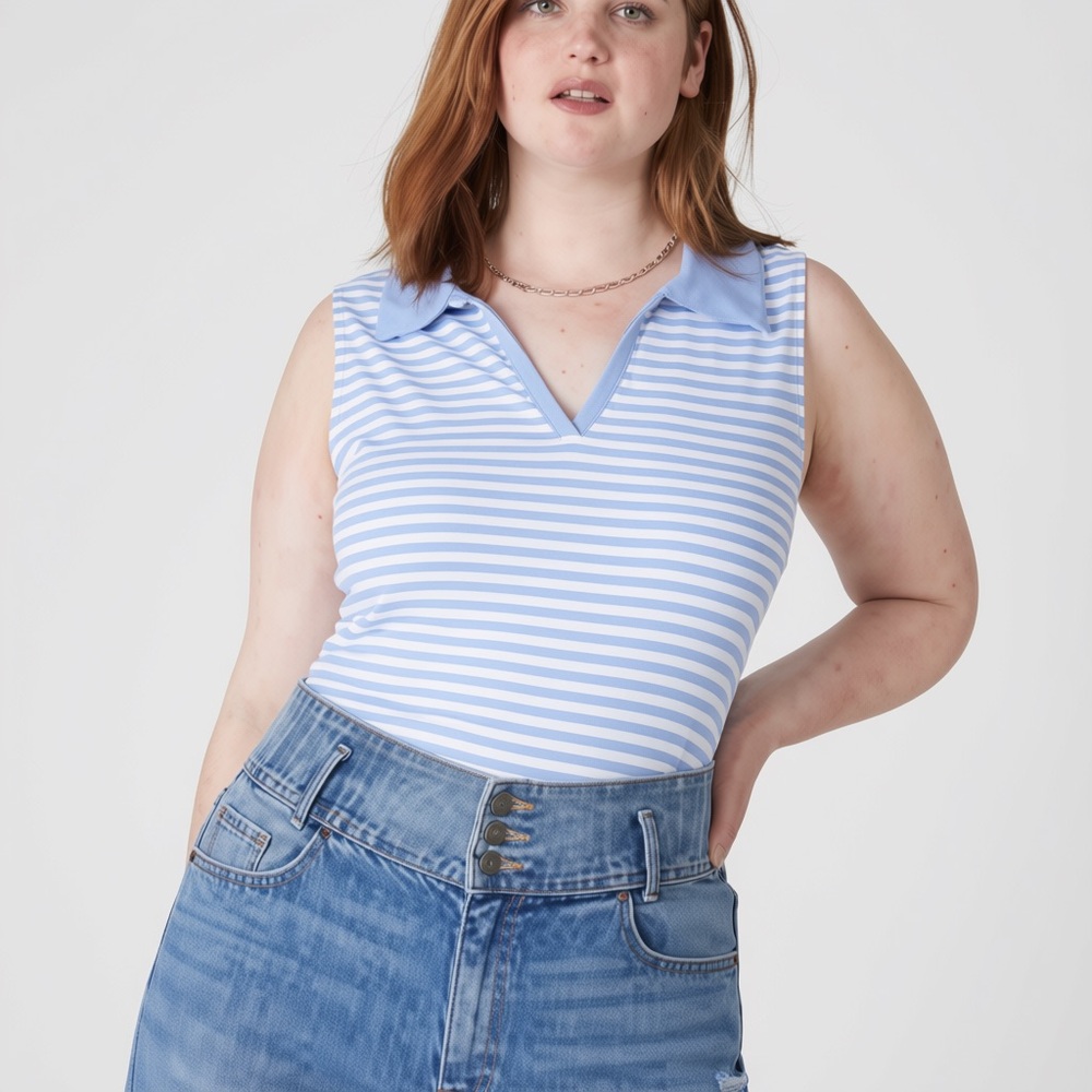 Lane Bryant Polo Sleeveless Open Vneck Blue White Stripe Nice!